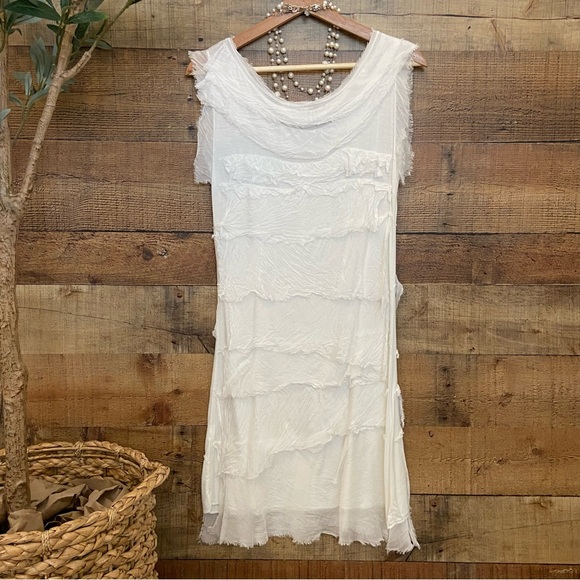 White Silk Tiered Sleeveless Slip Dress, Made in Italy - Picture 7 of 9